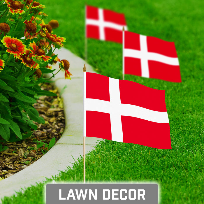 G128 10 Pack Handheld Denmark Stick Flags | 8x12 In | Printed 150D Polyester, Country Flag, Solid Plastic Stick, Spear White Tip