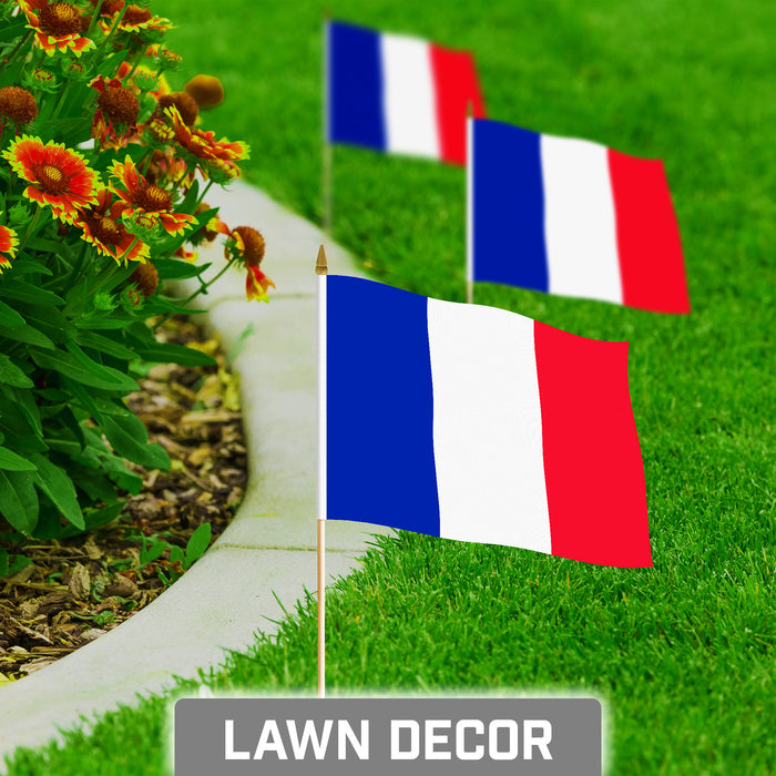 G128 30 Pack Handheld France French Stick Flags | 8x12 In | Printed 150D Polyester, Country Flag, Solid Wooden Stick, Spear Gold Tip