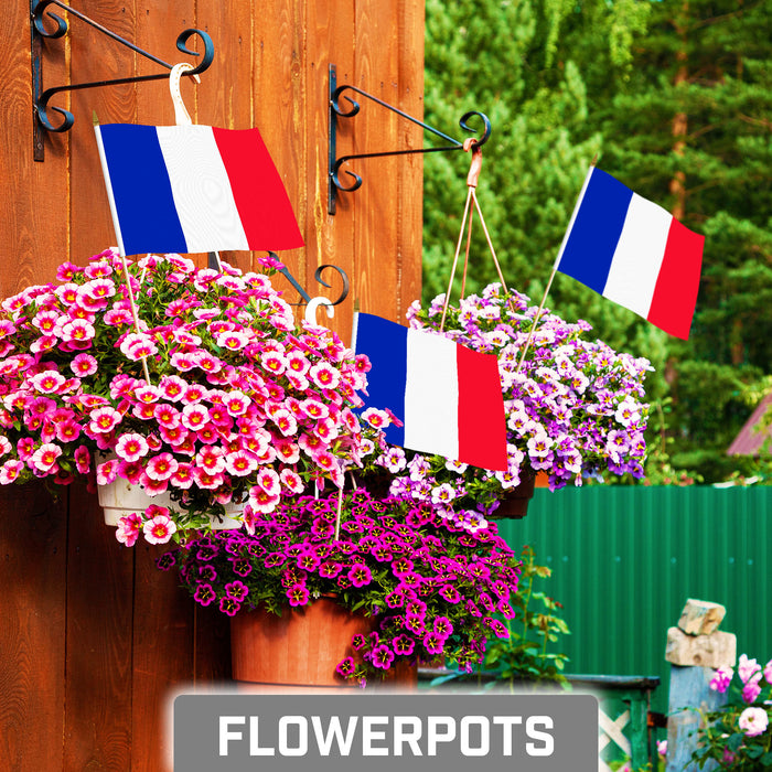 G128 12 Pack Handheld France French Stick Flags | 8x12 In | Printed 150D Polyester, Country Flag, Solid Wooden Stick, Spear Gold Tip