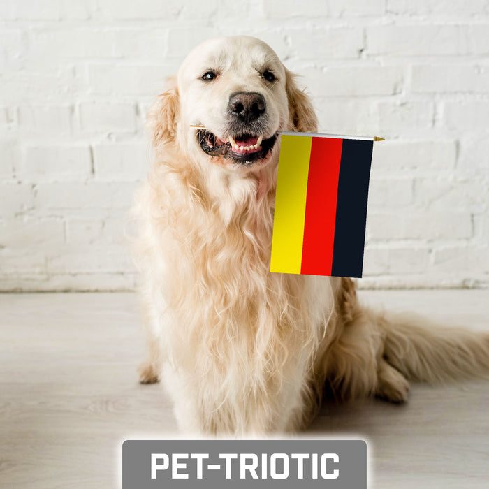 G128 50 Pack Handheld Germany German Stick Flags | 8x12 In | Printed 150D Polyester, Country Flag, Solid Wooden Stick, Spear Gold Tip