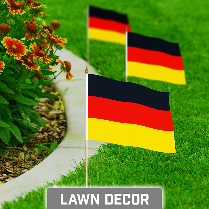 G128 10 Pack Handheld Germany German Stick Flags | 8x12 In | Printed 150D Polyester, Country Flag, Solid Plastic Stick, Spear White Tip