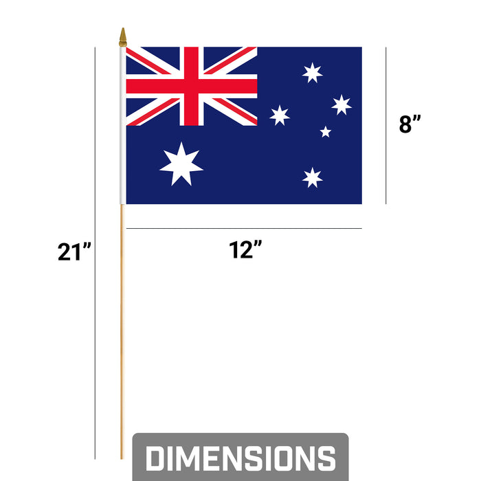 G128 50 Pack Handheld Australia Australian Stick Flags | 8x12 In | Printed 150D Polyester, Country Flag, Solid Wooden Stick, Spear Gold Tip