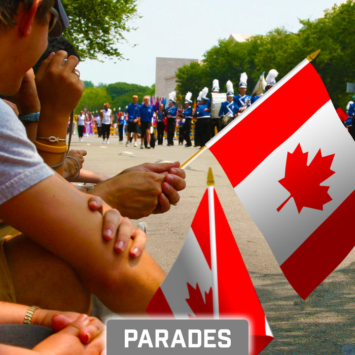 G128 30 Pack Handheld Canada Canadian Stick Flags | 8x12 In | Printed 150D Polyester, Country Flag, Solid Wooden Stick, Spear Gold Tip