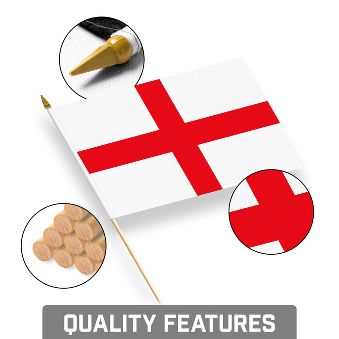G128 10 Pack Handheld England Stick Flags | 8x12 In | Printed 150D Polyester, Country Flag, Solid Plastic Stick, Spear White Tip