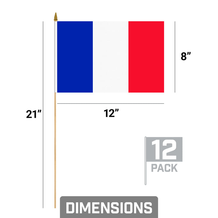 G128 50 Pack Handheld France French Stick Flags | 8x12 In | Printed 150D Polyester, Country Flag, Solid Wooden Stick, Spear Gold Tip