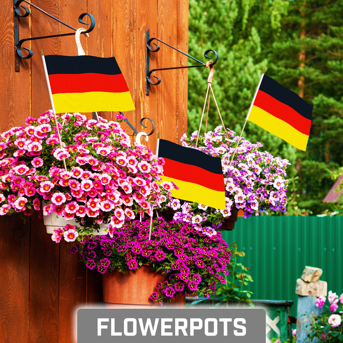 G128 50 Pack Handheld Germany German Stick Flags | 8x12 In | Printed 150D Polyester, Country Flag, Solid Wooden Stick, Spear Gold Tip
