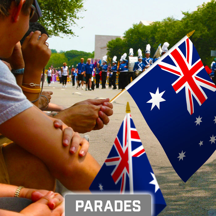 G128 50 Pack Handheld Australia Australian Stick Flags | 8x12 In | Printed 150D Polyester, Country Flag, Solid Wooden Stick, Spear Gold Tip