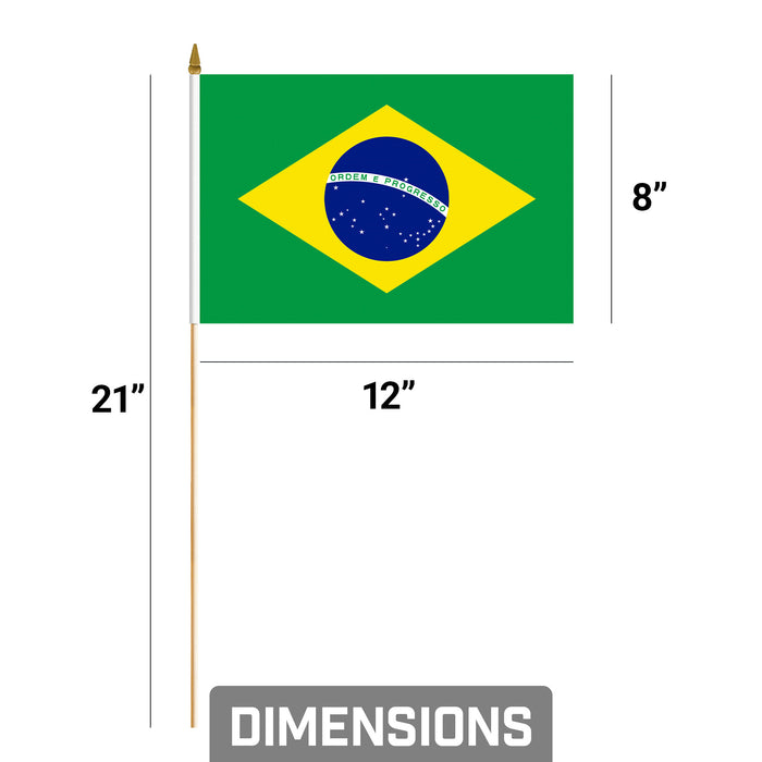 G128 24 Pack Handheld Brazil Brazilian Stick Flags | 8x12 In | Printed 150D Polyester, Country Flag, Solid Wooden Stick, Spear Gold Tip