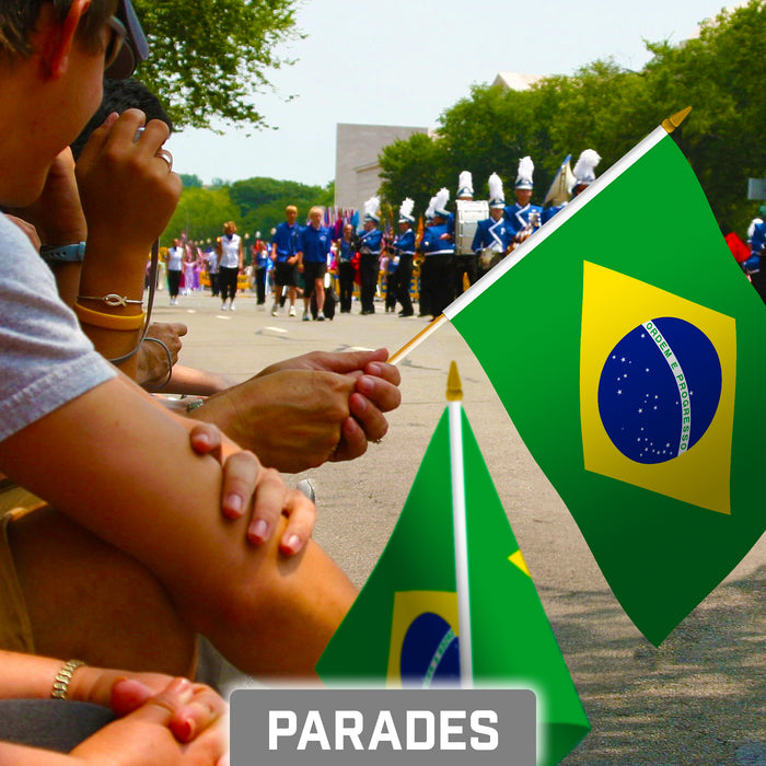 G128 30 Pack Handheld Brazil Brazilian Stick Flags | 8x12 In | Printed 150D Polyester, Country Flag, Solid Wooden Stick, Spear Gold Tip