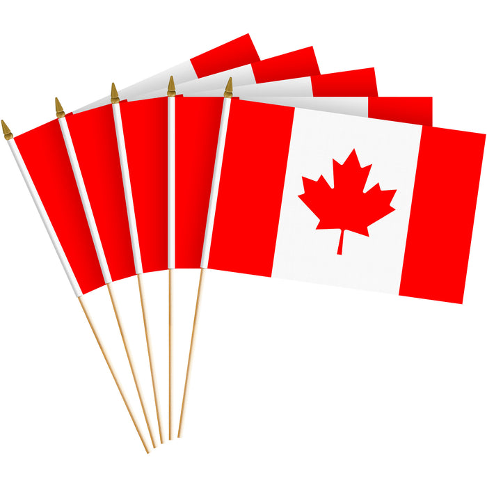 G128 30 Pack Handheld Canada Canadian Stick Flags | 8x12 In | Printed 150D Polyester, Country Flag, Solid Wooden Stick, Spear Gold Tip