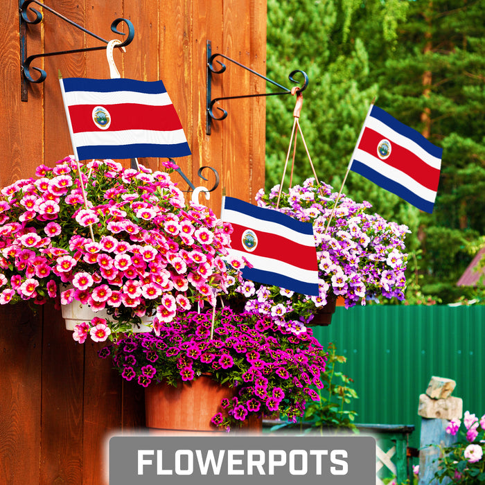 G128 10 Pack Handheld Costa Rica Costa Rican Stick Flags | 8x12 In | Printed 150D Polyester, Country Flag, Solid Plastic Stick, Spear White Tip