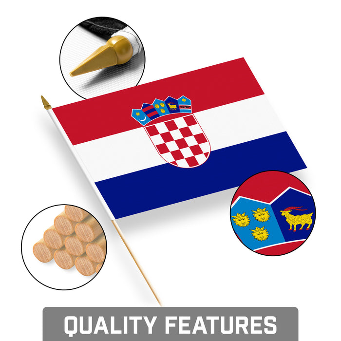 G128 10 Pack Handheld Croatia Croatian Stick Flags | 8x12 In | Printed 150D Polyester, Country Flag, Solid Plastic Stick, Spear White Tip
