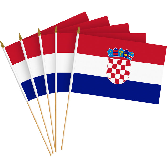 G128 30 Pack Handheld Croatia Croatian Stick Flags | 8x12 In | Printed 150D Polyester, Country Flag, Solid Wooden Stick, Spear Gold Tip