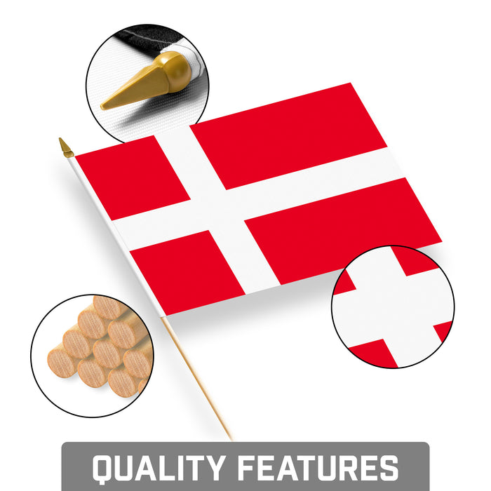 G128 10 Pack Handheld Denmark Stick Flags | 8x12 In | Printed 150D Polyester, Country Flag, Solid Plastic Stick, Spear White Tip