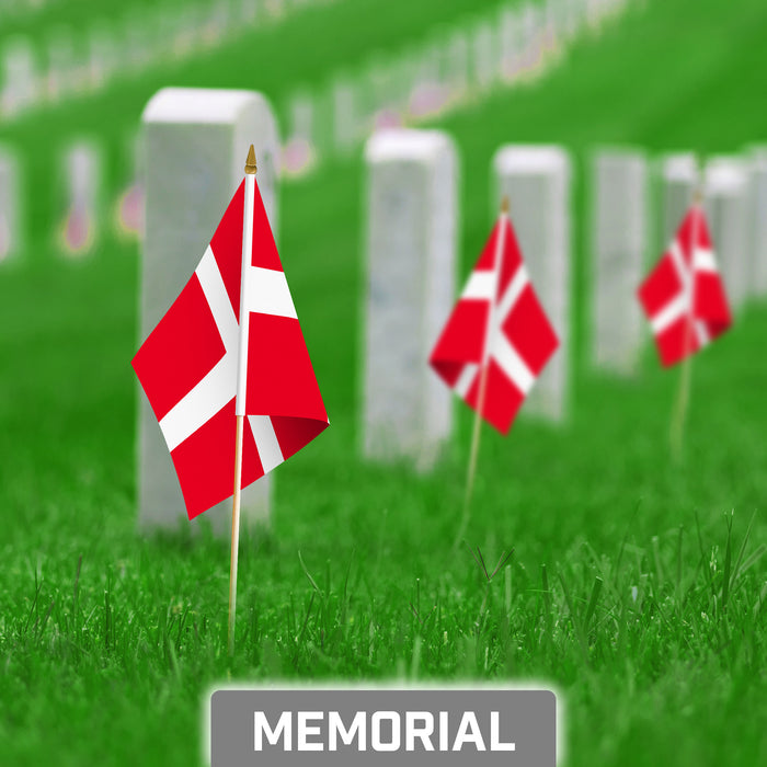 G128 10 Pack Handheld Denmark Stick Flags | 8x12 In | Printed 150D Polyester, Country Flag, Solid Plastic Stick, Spear White Tip