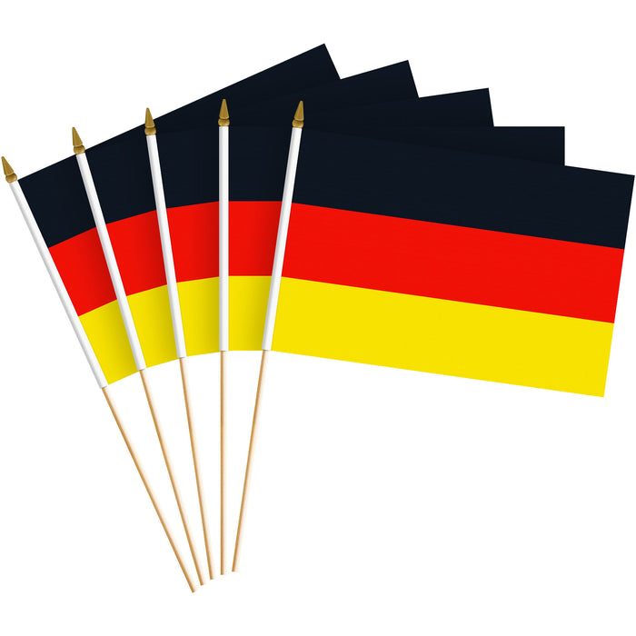 G128 50 Pack Handheld Germany German Stick Flags | 8x12 In | Printed 150D Polyester, Country Flag, Solid Wooden Stick, Spear Gold Tip