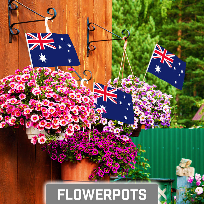G128 50 Pack Handheld Australia Australian Stick Flags | 8x12 In | Printed 150D Polyester, Country Flag, Solid Wooden Stick, Spear Gold Tip