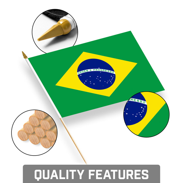 G128 50 Pack Handheld Brazil Brazilian Stick Flags | 8x12 In | Printed 150D Polyester, Country Flag, Solid Wooden Stick, Spear Gold Tip
