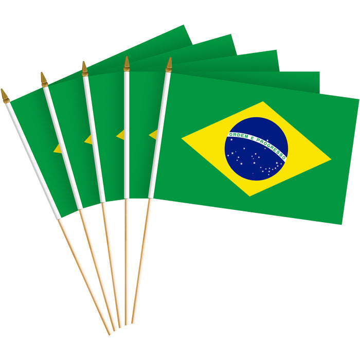 G128 24 Pack Handheld Brazil Brazilian Stick Flags | 8x12 In | Printed 150D Polyester, Country Flag, Solid Wooden Stick, Spear Gold Tip