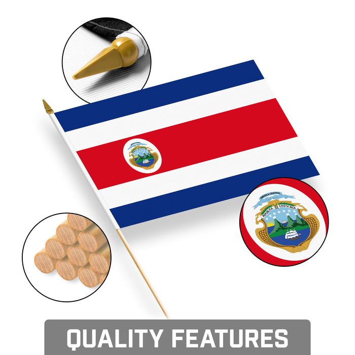 G128 24 Pack Handheld Costa Rica Costa Rican Stick Flags | 8x12 In | Printed 150D Polyester, Country Flag, Solid Wooden Stick, Spear Gold Tip