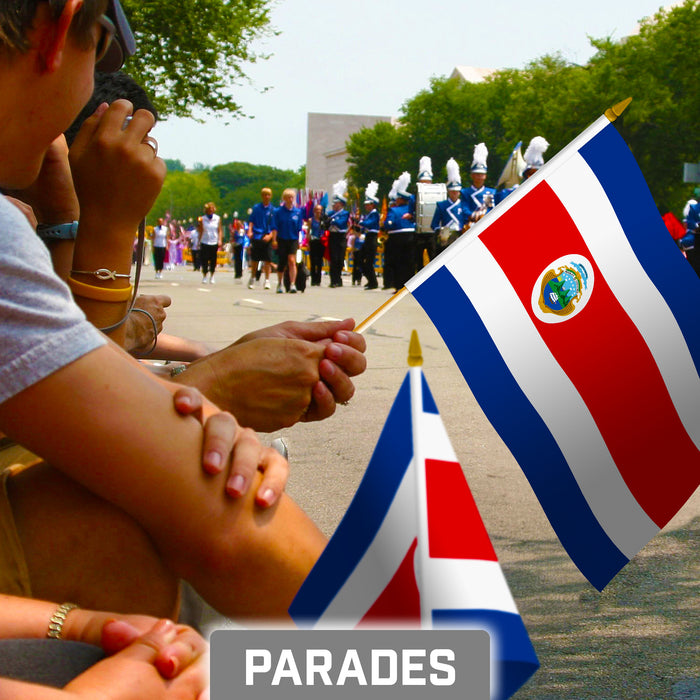 G128 10 Pack Handheld Costa Rica Costa Rican Stick Flags | 8x12 In | Printed 150D Polyester, Country Flag, Solid Plastic Stick, Spear White Tip