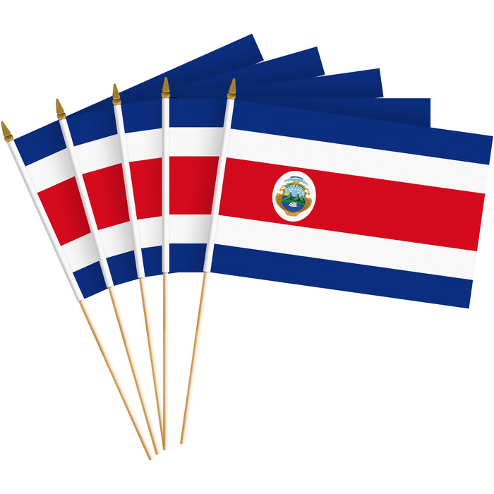 G128 50 Pack Handheld Costa Rica Costa Rican Stick Flags | 8x12 In | Printed 150D Polyester, Country Flag, Solid Wooden Stick, Spear Gold Tip