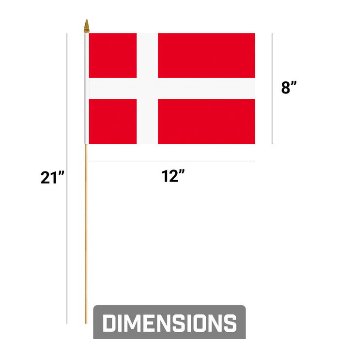 G128 24 Pack Handheld Denmark Danish Stick Flags | 8x12 In | Printed 150D Polyester, Country Flag, Solid Wooden Stick, Spear Gold Tip
