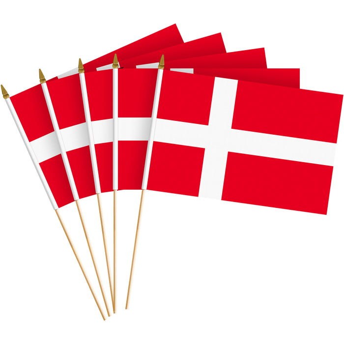 G128 12 Pack Handheld Denmark Danish Stick Flags | 8x12 In | Printed 150D Polyester, Country Flag, Solid Wooden Stick, Spear Gold Tip