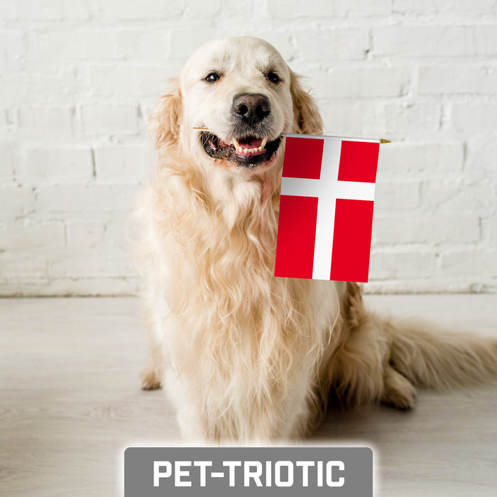 G128 10 Pack Handheld Denmark Stick Flags | 8x12 In | Printed 150D Polyester, Country Flag, Solid Plastic Stick, Spear White Tip