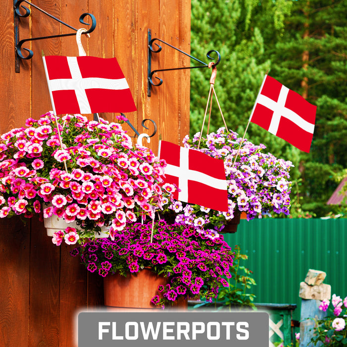 G128 10 Pack Handheld Denmark Stick Flags | 8x12 In | Printed 150D Polyester, Country Flag, Solid Plastic Stick, Spear White Tip