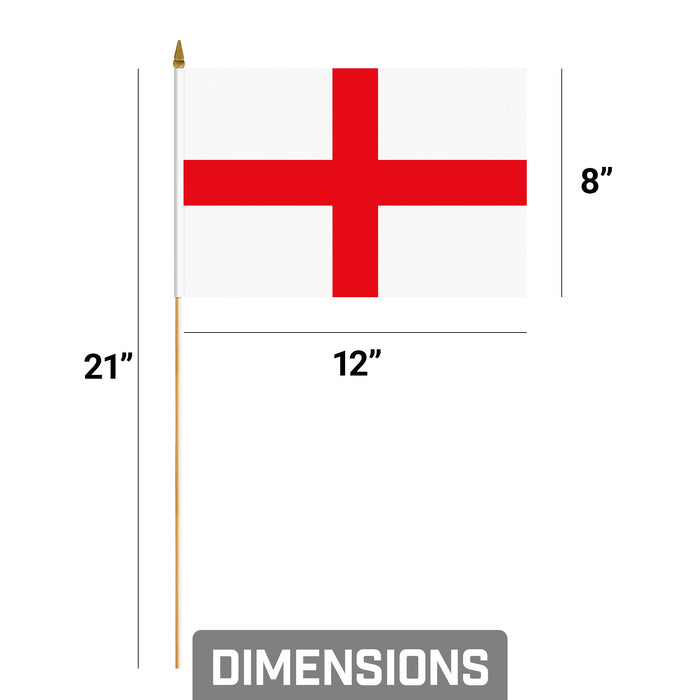 G128 10 Pack Handheld England Stick Flags | 8x12 In | Printed 150D Polyester, Country Flag, Solid Plastic Stick, Spear White Tip