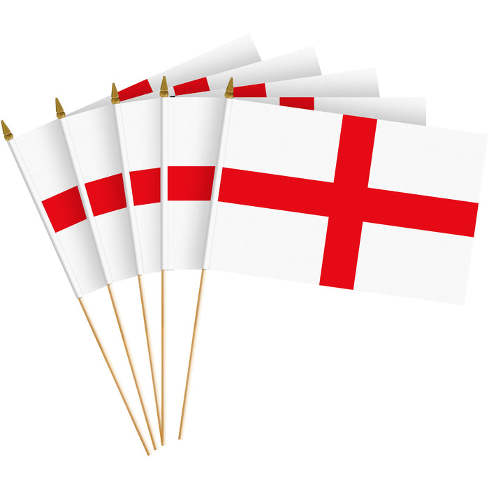 G128 50 Pack Handheld England English Stick Flags | 8x12 In | Printed 150D Polyester, Country Flag, Solid Wooden Stick, Spear Gold Tip
