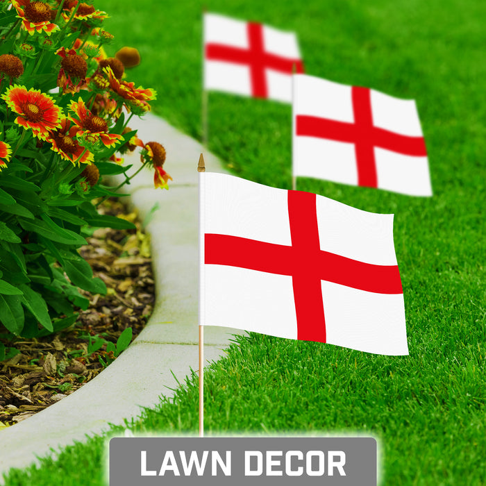 G128 10 Pack Handheld England Stick Flags | 8x12 In | Printed 150D Polyester, Country Flag, Solid Plastic Stick, Spear White Tip