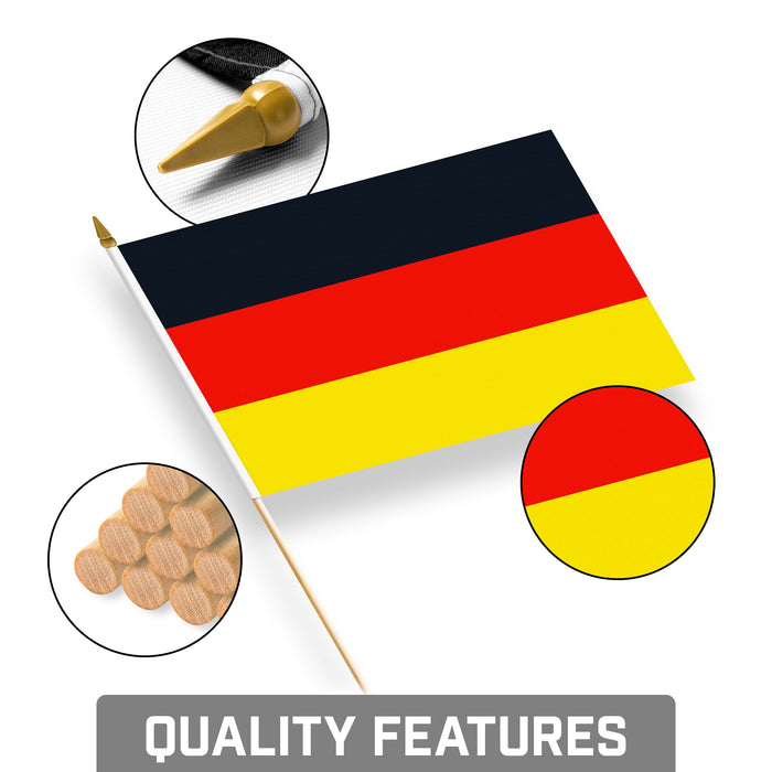 G128 50 Pack Handheld Germany German Stick Flags | 8x12 In | Printed 150D Polyester, Country Flag, Solid Wooden Stick, Spear Gold Tip
