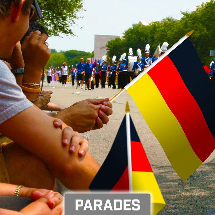 G128 50 Pack Handheld Germany German Stick Flags | 8x12 In | Printed 150D Polyester, Country Flag, Solid Wooden Stick, Spear Gold Tip