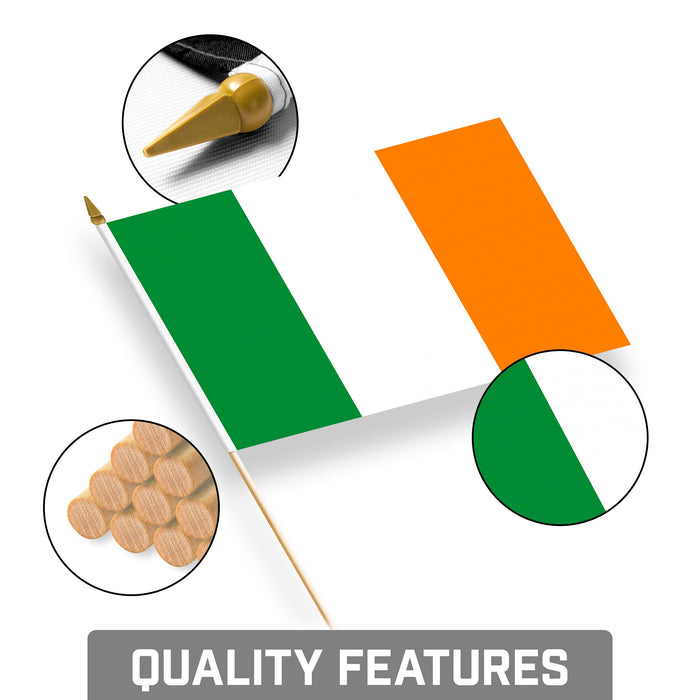 G128 50 Pack Handheld Ireland Irish Stick Flags | 8x12 In | Printed 150D Polyester, Country Flag, Solid Wooden Stick, Spear Gold Tip