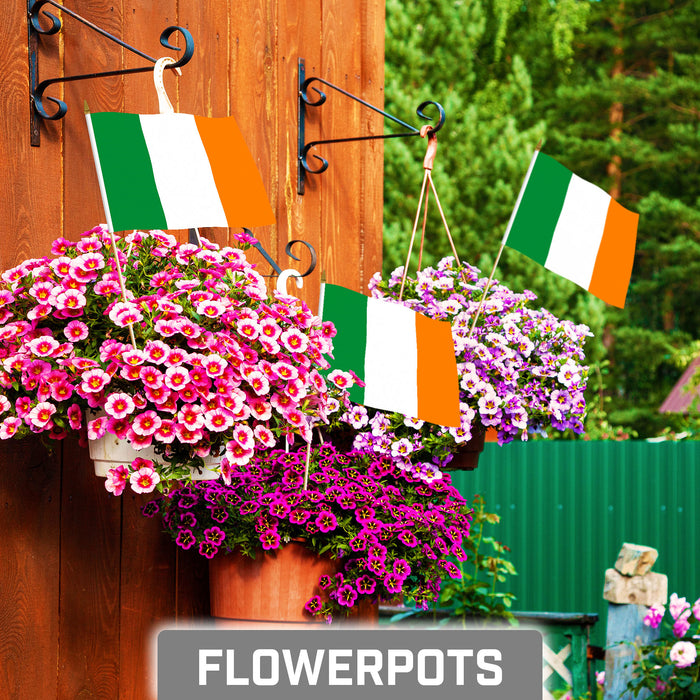 G128 50 Pack Handheld Ireland Irish Stick Flags | 8x12 In | Printed 150D Polyester, Country Flag, Solid Wooden Stick, Spear Gold Tip