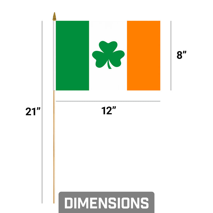 G128 24 Pack Handheld Ireland Shamrock Irish Stick Flags | 8x12 In | Printed 150D Polyester, Country Flag, Solid Wooden Stick, Spear Gold Tip