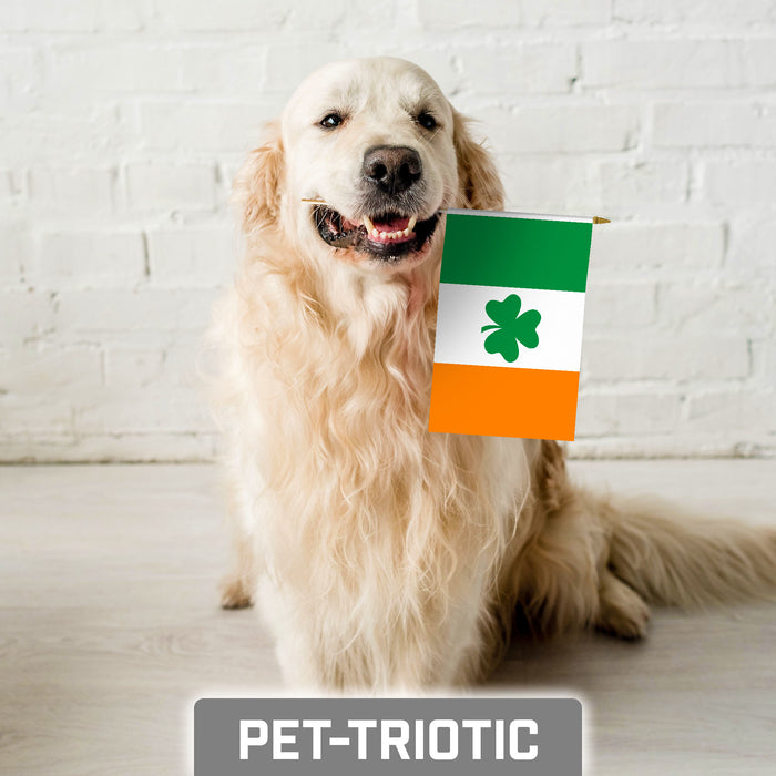 G128 10 Pack Handheld Ireland Shamrock Irish Stick Flags | 8x12 In | Printed 150D Polyester, Country Flag, Solid Plastic Stick, Spear White Tip