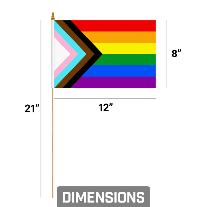 G128 50 Pack Handheld LGBT Progress Rainbow Pride Stick Flags | 8x12 In | Printed 150D Polyester, Social Flag, Solid Wooden Stick, Spear Gold Tip