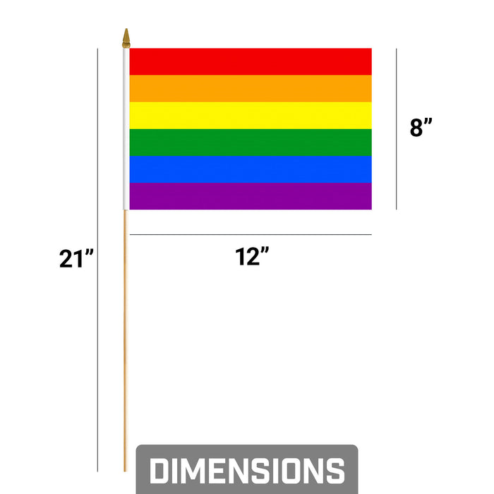 G128 12 Pack Handheld LGBT Rainbow Pride Stick Flags | 8x12 In | Printed 150D Polyester, Social Flag, Solid Wooden Stick, Spear Gold Tip