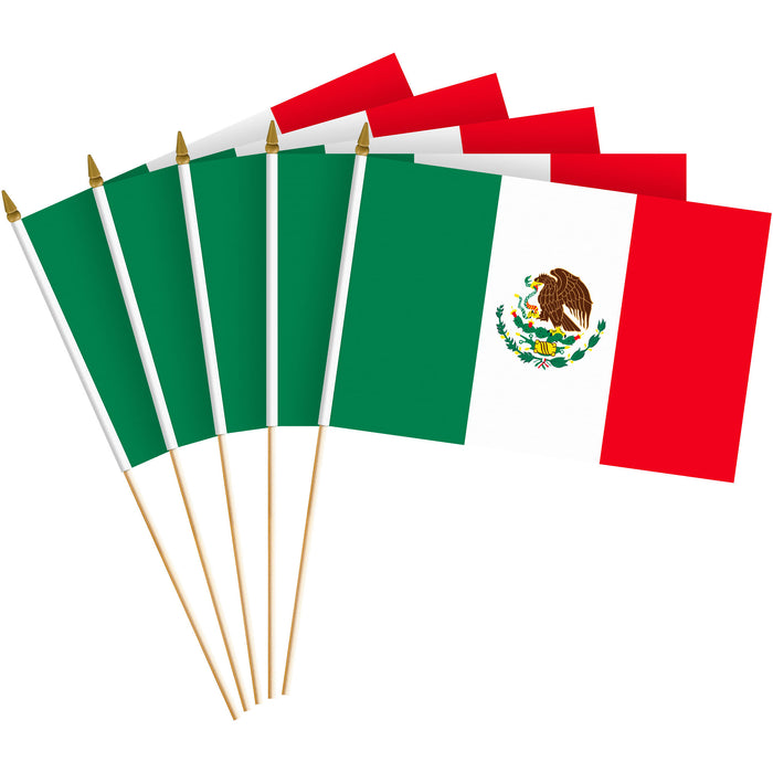 G128 12 Pack Handheld Mexico Mexican Stick Flags | 8x12 In | Printed 150D Polyester, Country Flag, Solid Wooden Stick, Spear Gold Tip