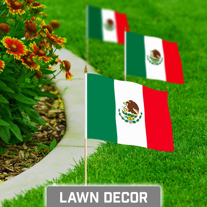 G128 24 Pack Handheld Mexico Mexican Stick Flags | 8x12 In | Printed 150D Polyester, Country Flag, Solid Wooden Stick, Spear Gold Tip