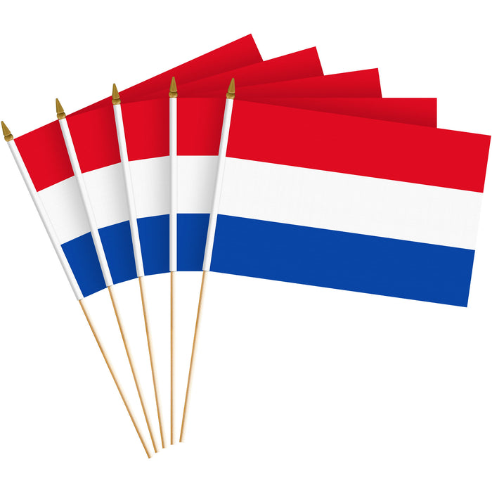 G128 24 Pack Handheld Netherlands Dutch Stick Flags | 8x12 In | Printed 150D Polyester, Country Flag, Solid Wooden Stick, Spear Gold Tip