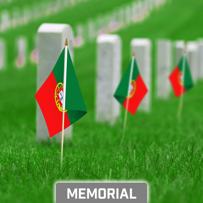 G128 30 Pack Handheld Portugal Portuguese Stick Flags | 8x12 In | Printed 150D Polyester, Country Flag, Solid Wooden Stick, Spear Gold Tip