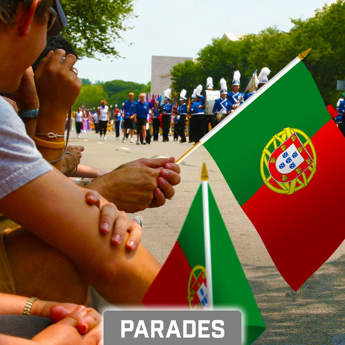 G128 30 Pack Handheld Portugal Portuguese Stick Flags | 8x12 In | Printed 150D Polyester, Country Flag, Solid Wooden Stick, Spear Gold Tip