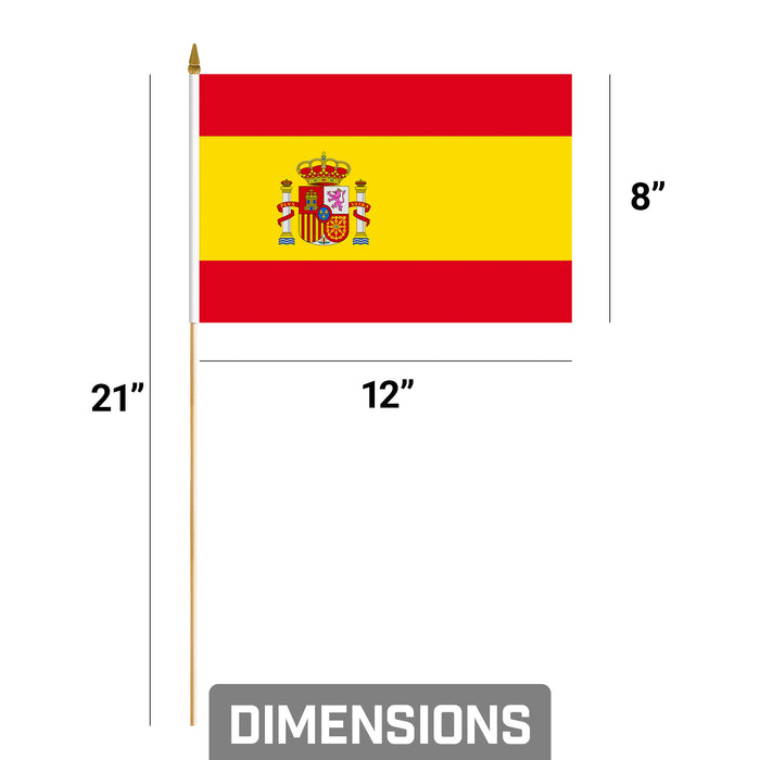 G128 10 Pack Handheld Spain Spanish Stick Flags | 8x12 In | Printed 150D Polyester, Country Flag, Solid Plastic Stick, Spear White Tip