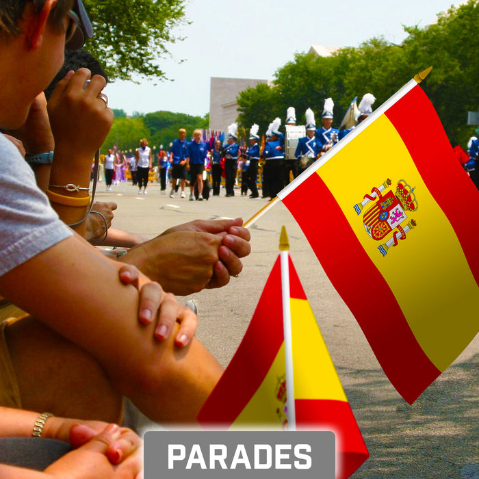 G128 10 Pack Handheld Spain Spanish Stick Flags | 8x12 In | Printed 150D Polyester, Country Flag, Solid Plastic Stick, Spear White Tip