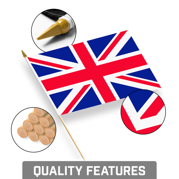G128 30 Pack Handheld United Kingdom UK Stick Flags | 8x12 In | Printed 150D Polyester, Country Flag, Solid Wooden Stick, Spear Gold Tip