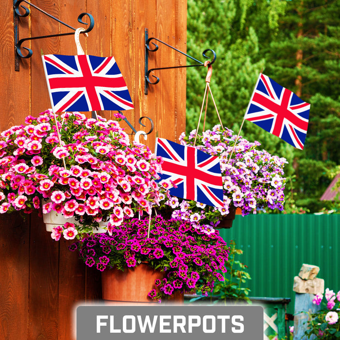 G128 12 Pack Handheld United Kingdom UK Stick Flags | 8x12 In | Printed 150D Polyester, Country Flag, Solid Wooden Stick, Spear Gold Tip